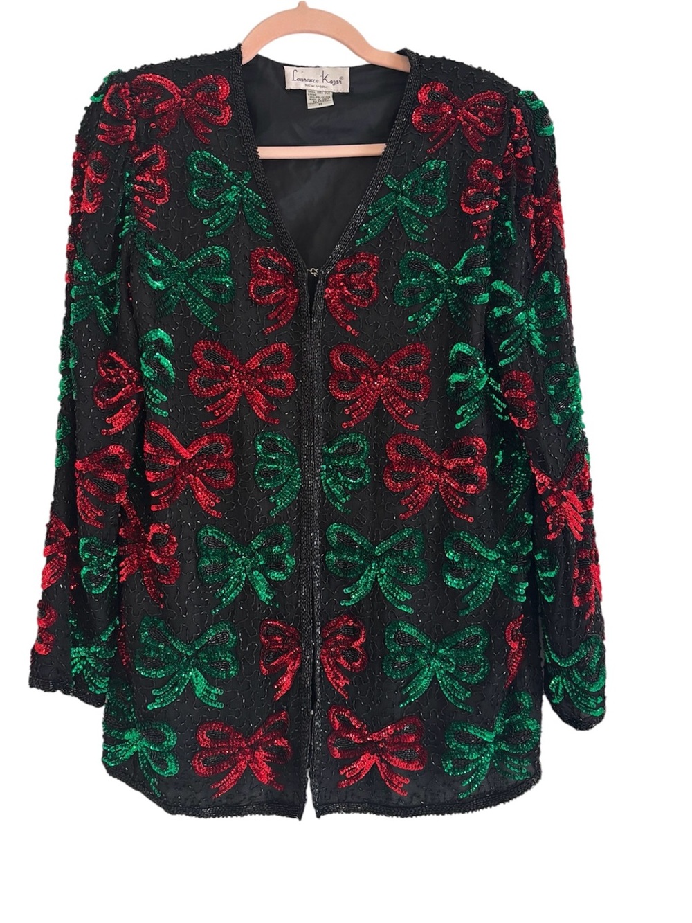 Laurence Kazar Black Silk/Beaded Jacket with Red & Green Bow Motifs